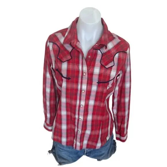The best! Wrangler Retro Red, White, Blue Plaid Western Pearl Snap Shirt Sz M - Picture 11 of 11